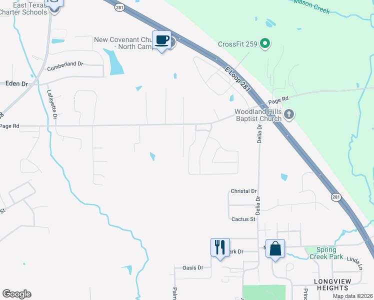 map of restaurants, bars, coffee shops, grocery stores, and more near 1303 Mission Creek Drive in Longview