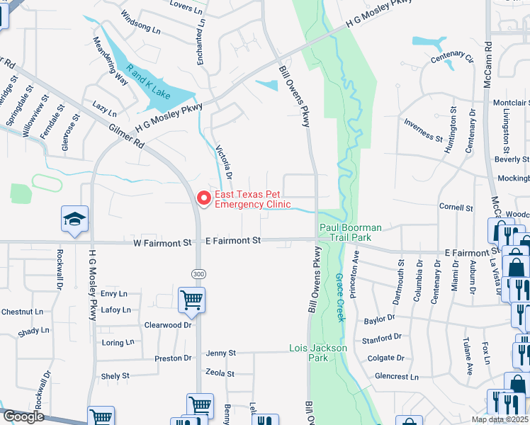 map of restaurants, bars, coffee shops, grocery stores, and more near 806 Faircreek Lane in Longview