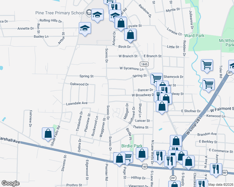 map of restaurants, bars, coffee shops, grocery stores, and more near 506 West Broadway Drive in Longview