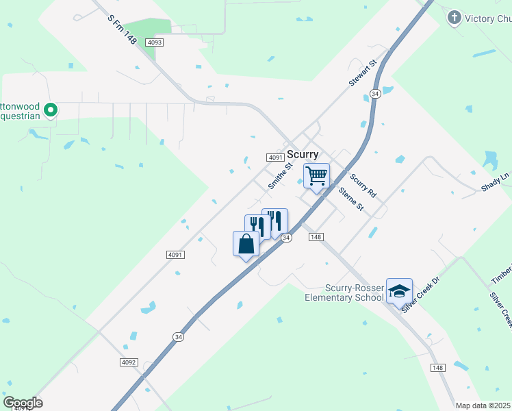 map of restaurants, bars, coffee shops, grocery stores, and more near 9171 County Road 4091 in Scurry