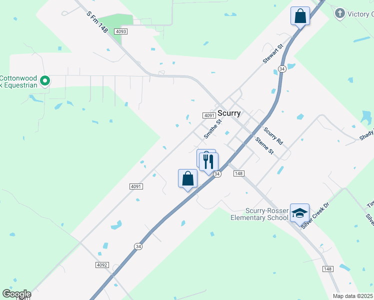 map of restaurants, bars, coffee shops, grocery stores, and more near 9171 County Road 4091 in Scurry