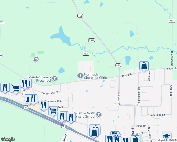 map of restaurants, bars, coffee shops, grocery stores, and more near 317 Pine Circle in Hallsville