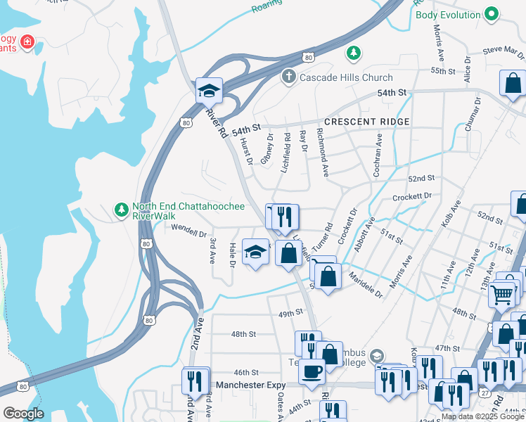 map of restaurants, bars, coffee shops, grocery stores, and more near 5212 River Road in Columbus