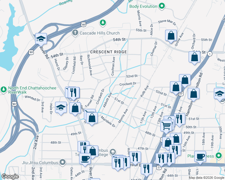 map of restaurants, bars, coffee shops, grocery stores, and more near in Columbus