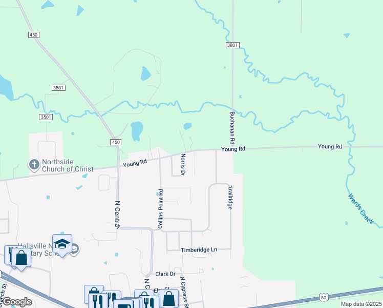 map of restaurants, bars, coffee shops, grocery stores, and more near Kearley Drive in Hallsville