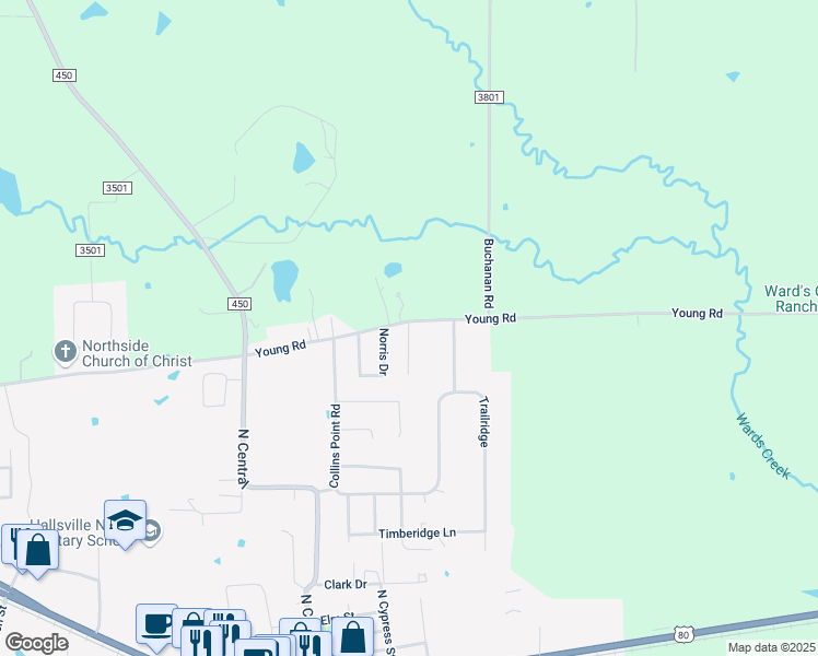 map of restaurants, bars, coffee shops, grocery stores, and more near Kearley Drive in Hallsville