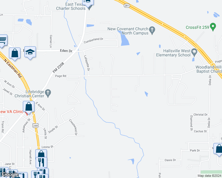 map of restaurants, bars, coffee shops, grocery stores, and more near 18 Victor Drive in Longview