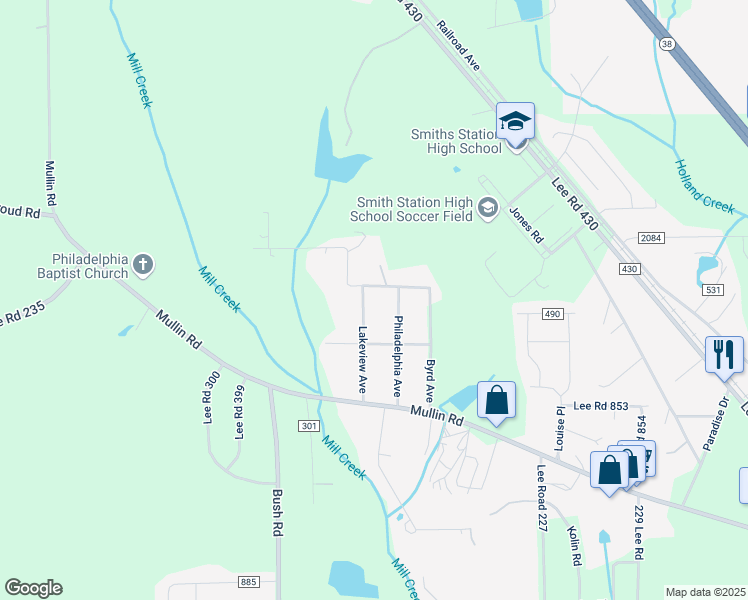 map of restaurants, bars, coffee shops, grocery stores, and more near Lee Road 304 in Smiths Station