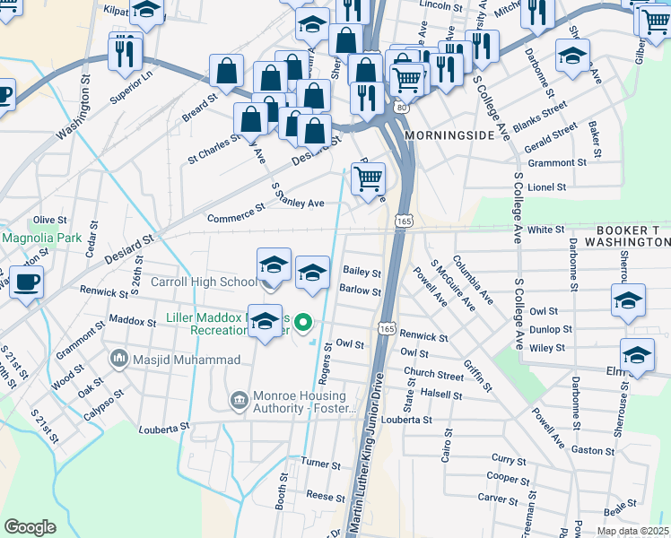 map of restaurants, bars, coffee shops, grocery stores, and more near 1000 Rogers Street in Monroe