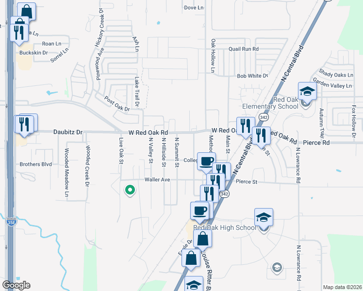 map of restaurants, bars, coffee shops, grocery stores, and more near 202 North Summit Street in Red Oak