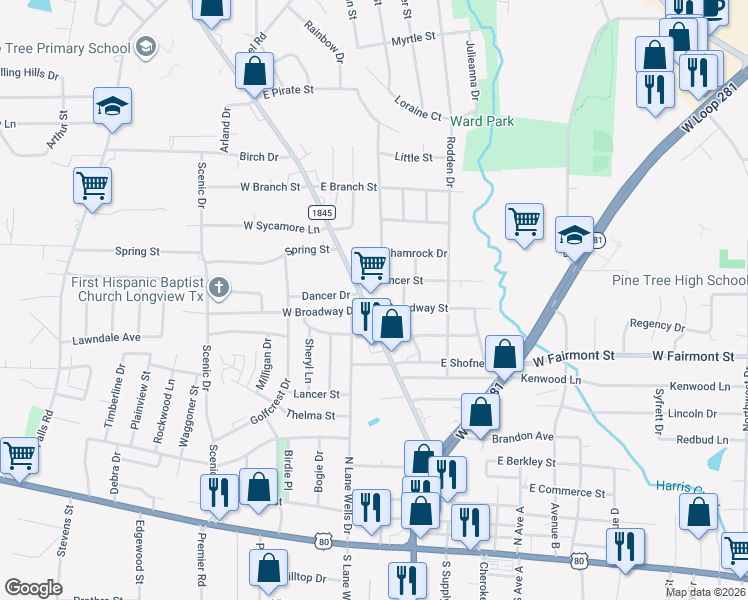 map of restaurants, bars, coffee shops, grocery stores, and more near 914 Pine Tree Road in Longview