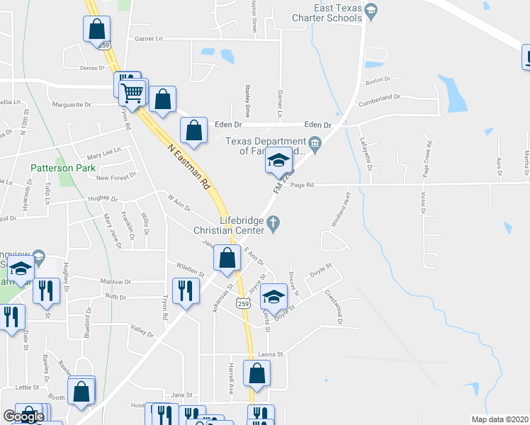 map of restaurants, bars, coffee shops, grocery stores, and more near 2019 Jefferson Road in Longview