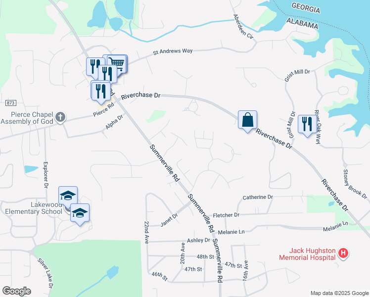 map of restaurants, bars, coffee shops, grocery stores, and more near 5017 Daylily Court in Phenix City