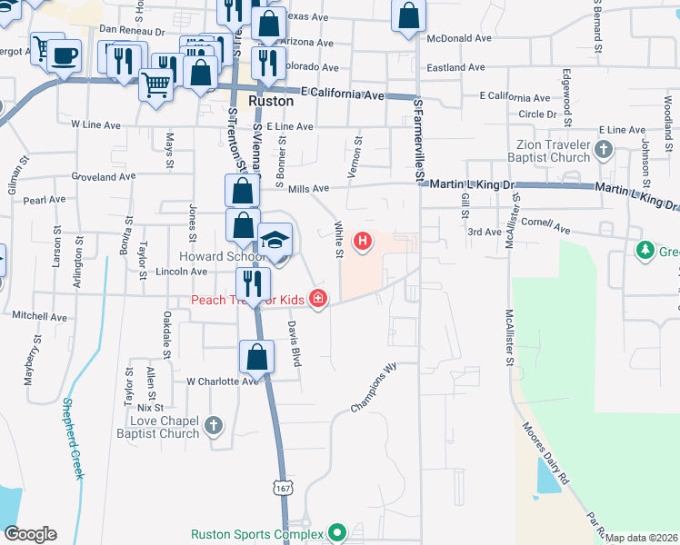 map of restaurants, bars, coffee shops, grocery stores, and more near White Street in Ruston