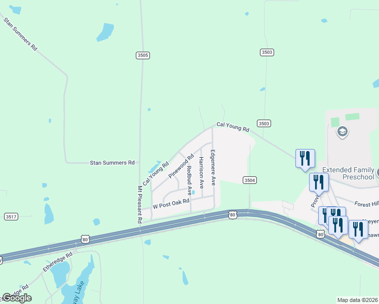 map of restaurants, bars, coffee shops, grocery stores, and more near 1609-1681 Cal Young Road in Hallsville