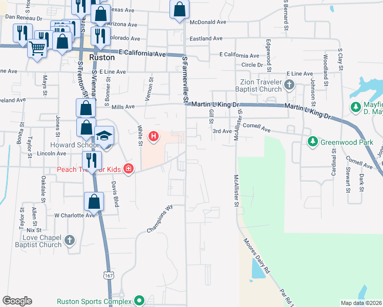 map of restaurants, bars, coffee shops, grocery stores, and more near 1301 South Farmerville Street in Ruston