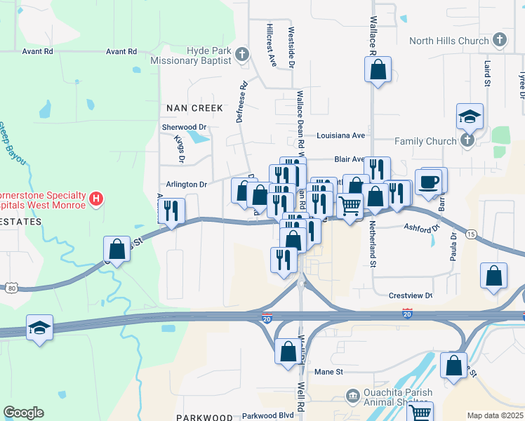 map of restaurants, bars, coffee shops, grocery stores, and more near 138 Defreese Road in West Monroe
