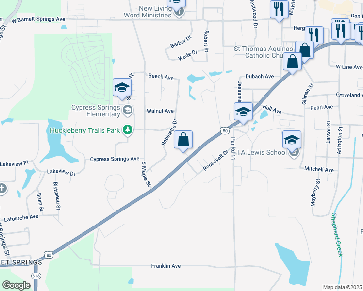 map of restaurants, bars, coffee shops, grocery stores, and more near 1203 Robinette Drive in Ruston