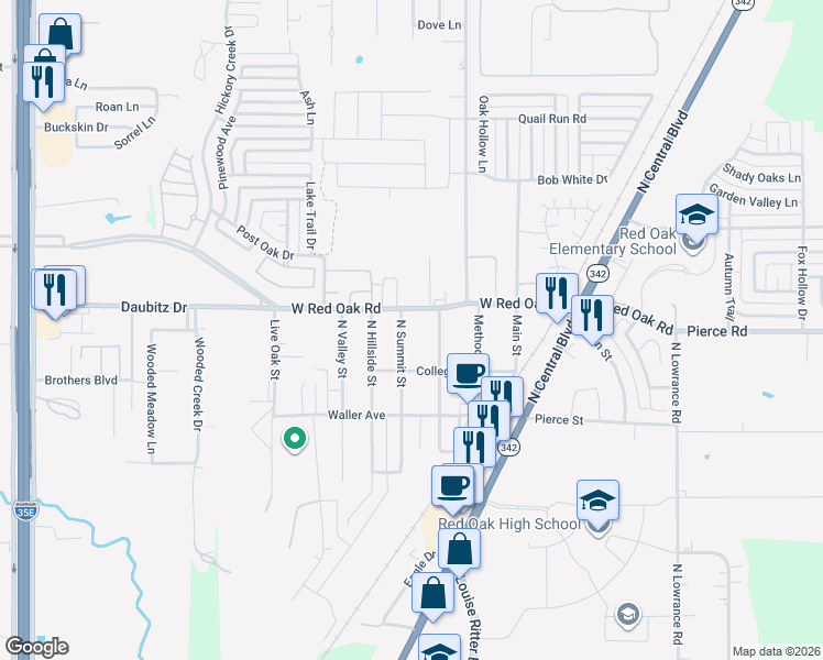 map of restaurants, bars, coffee shops, grocery stores, and more near 304 West Red Oak Road in Red Oak