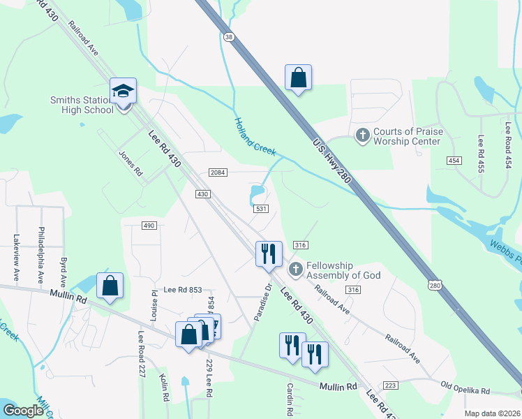 map of restaurants, bars, coffee shops, grocery stores, and more near County Road 531 in Smiths Station