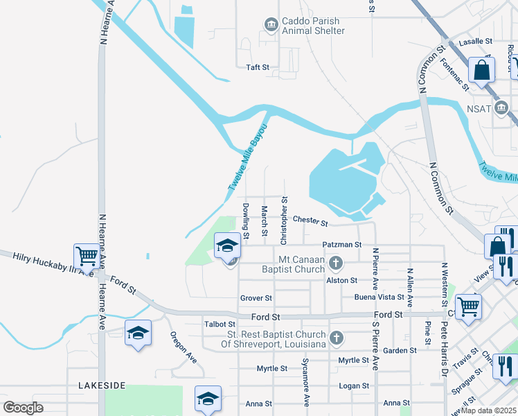 map of restaurants, bars, coffee shops, grocery stores, and more near 631 Dowling Street in Shreveport