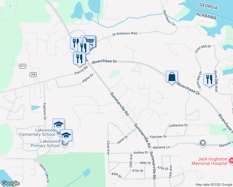 map of restaurants, bars, coffee shops, grocery stores, and more near 2205 Cox Avenue in Phenix City