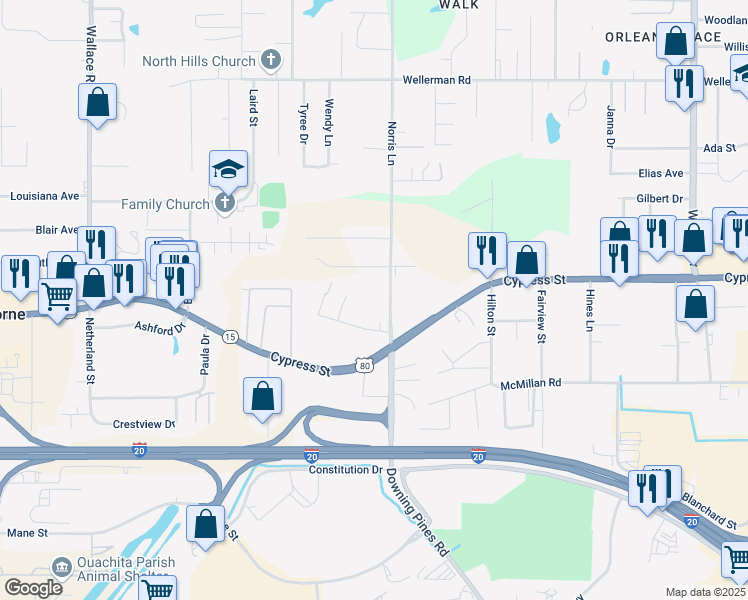 map of restaurants, bars, coffee shops, grocery stores, and more near 107 Norris Lane in West Monroe