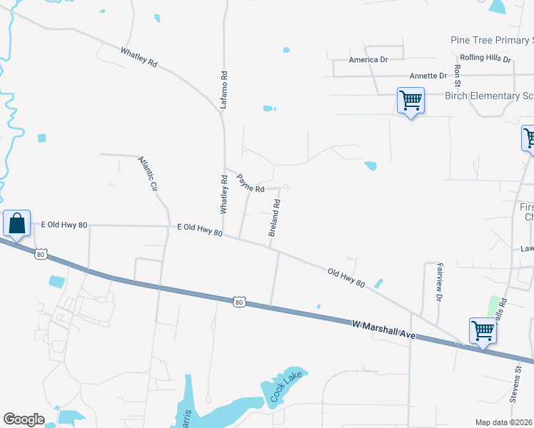 map of restaurants, bars, coffee shops, grocery stores, and more near 117 Breland Street in Longview