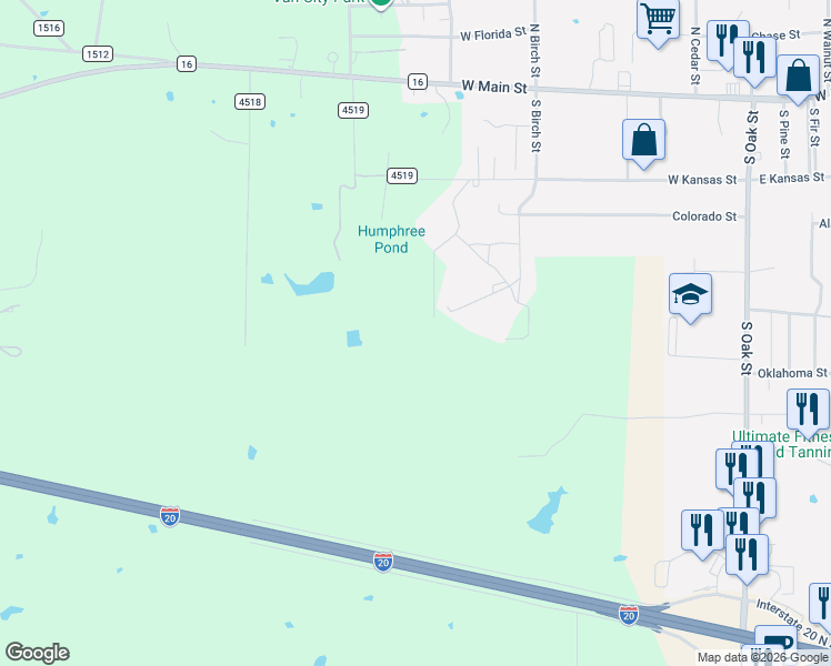 map of restaurants, bars, coffee shops, grocery stores, and more near 1364 Vz County Road 4519 in Van