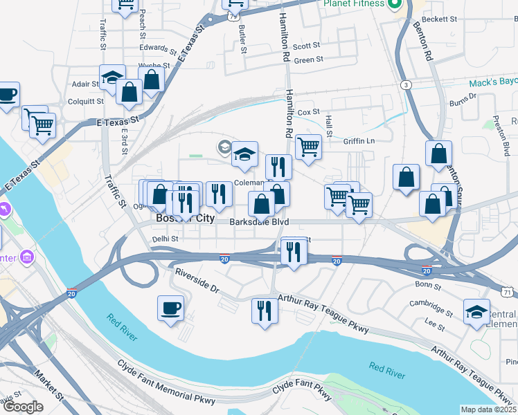 map of restaurants, bars, coffee shops, grocery stores, and more near 1101 Ogilvie Street in Bossier City