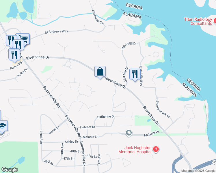 map of restaurants, bars, coffee shops, grocery stores, and more near 5001 Riverchase Drive in Phenix City