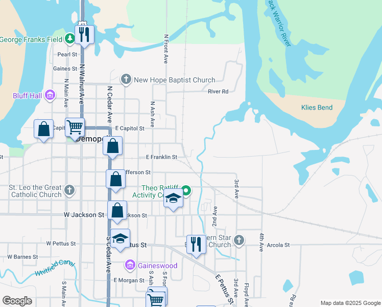 map of restaurants, bars, coffee shops, grocery stores, and more near East Washington Street in Demopolis