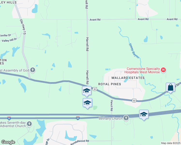 map of restaurants, bars, coffee shops, grocery stores, and more near 200 Harrell Road in West Monroe