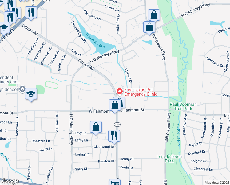 map of restaurants, bars, coffee shops, grocery stores, and more near 1609 Stonewall Drive in Longview