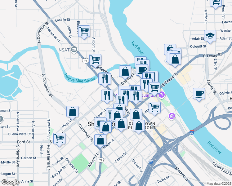 map of restaurants, bars, coffee shops, grocery stores, and more near 203 Market Street in Shreveport