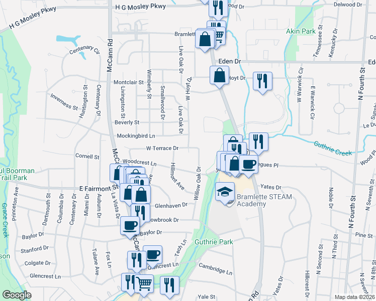 map of restaurants, bars, coffee shops, grocery stores, and more near 403 West Terrace Drive in Longview
