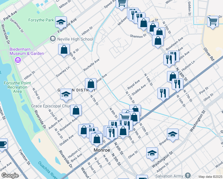 map of restaurants, bars, coffee shops, grocery stores, and more near 903 Roselawn Avenue in Monroe