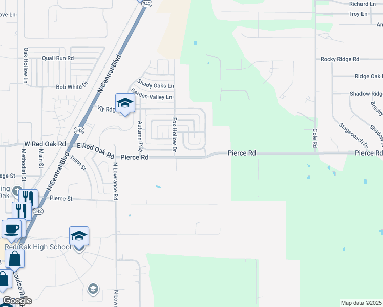 map of restaurants, bars, coffee shops, grocery stores, and more near 119 Whipperwill Way in Red Oak