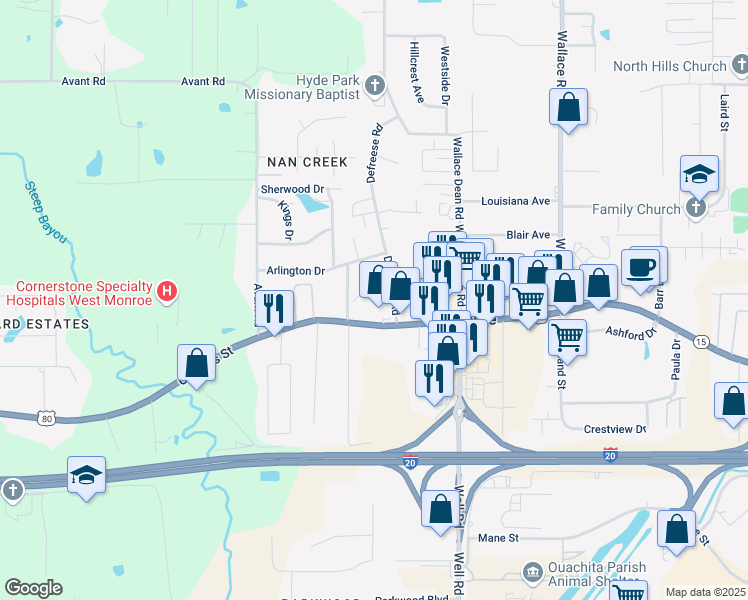 map of restaurants, bars, coffee shops, grocery stores, and more near 118 N Parkdale Dr in West Monroe