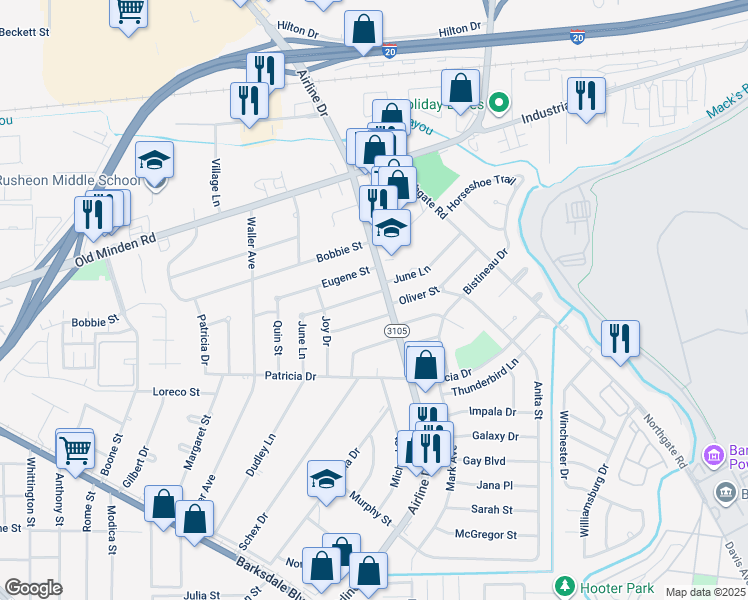 map of restaurants, bars, coffee shops, grocery stores, and more near 2915 June Lane in Bossier City