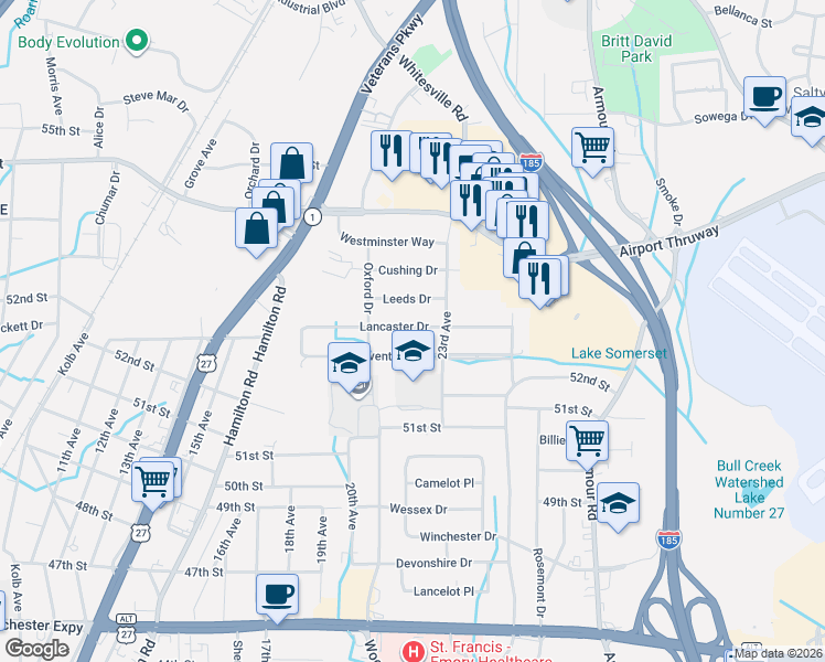 map of restaurants, bars, coffee shops, grocery stores, and more near 2119 Lancaster Drive in Columbus