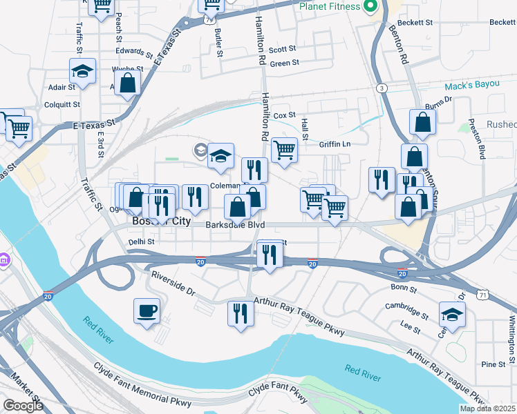 map of restaurants, bars, coffee shops, grocery stores, and more near 401 Hamilton Road in Bossier City