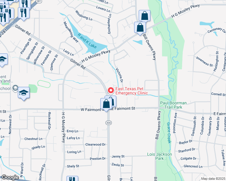 map of restaurants, bars, coffee shops, grocery stores, and more near 1609 Stonewall Drive in Longview