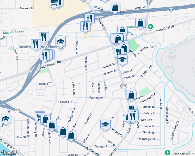 map of restaurants, bars, coffee shops, grocery stores, and more near 2806 Eugene Street in Bossier City