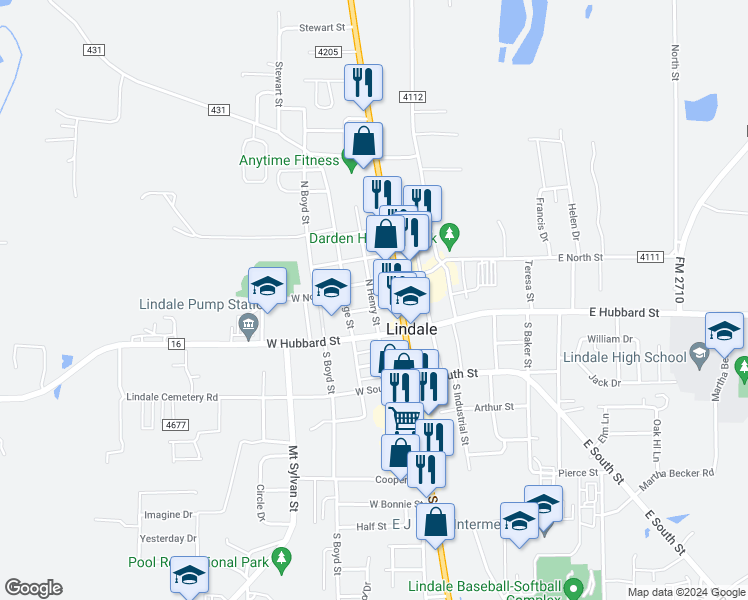 map of restaurants, bars, coffee shops, grocery stores, and more near 201 North Henry Street in Lindale