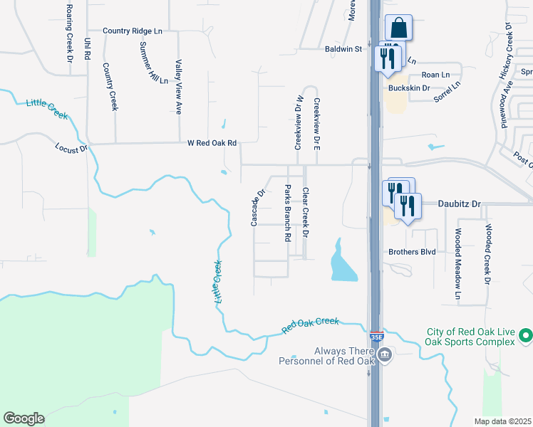 map of restaurants, bars, coffee shops, grocery stores, and more near 105 Cascade Court in Glenn Heights
