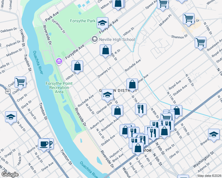 map of restaurants, bars, coffee shops, grocery stores, and more near 503 Erin Avenue in Monroe