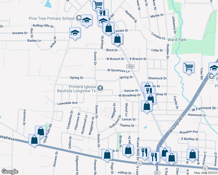 map of restaurants, bars, coffee shops, grocery stores, and more near 507 Harroun Drive in Longview