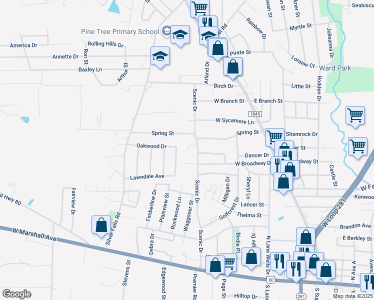 map of restaurants, bars, coffee shops, grocery stores, and more near 716-718 Willowood Street in Longview