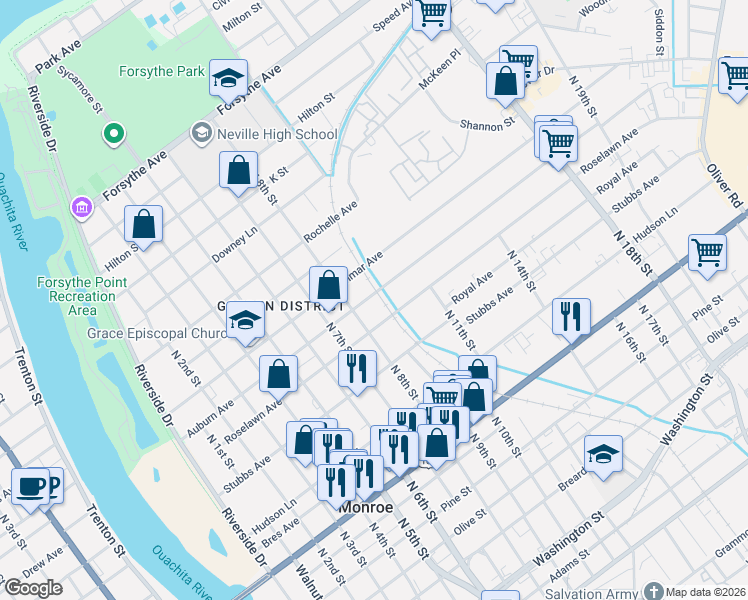 map of restaurants, bars, coffee shops, grocery stores, and more near 807 Auburn Avenue in Monroe